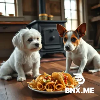 Photorealistic image of a white fluffy Maltese and a Jack Russell Terrier with dark brown ears and brown patches over both eyes, both sitting on a kitchen floor in an 1880s rural farmhouse, looking at a platter of tacos on the floor in front of them. Wood-burning stove in background. Realistic dogs, not cartoonish, no humans present.