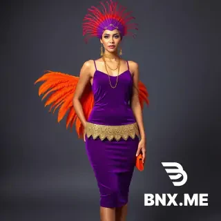 Full-length fashion photoshoot of a woman with medium build, short purple velvet slip dress, bodycon fit (no folds, no pleats, skin-tight), thin spaghetti straps. Over the dress — a short golden sparkling overskirt in an inverted triangle shape, length just below the dress hem. High standing feather collar (peacock-style) rising above the head, completely encircling the neck and chin, made of bright orange feathers. Golden glittering chains visibly draped over bare shoulders and attached to the dress straps, hanging down. Purple hair (vivid violet), short gold necklace, long gold dangling earrings, orange flat sandals, orange clutch. Carnival Rio theme, theatrical costume, dramatic studio lighting, sharp details on feathers and chains, photorealistic, 8k, hyper-detailed --ar 3:4 --v 6