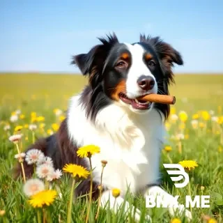 A pregant border collie sitting in an open field with dandelions all around, and the dog smoking a cigar.