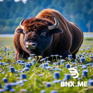 A Belarusian bison stands at the edge of a field of blue cornflowers, with the ancient forest of Belovezhskaya Pushcha visible in the background. Ultra-detailed, 8k resolution, photorealistic, sharp edges, masterpiece, trending on ArtStation, highest quality