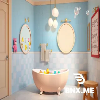 "3D animated interior scene, a cheerful colorful bathroom with pastel blue and white tiles, a giant bathtub shaped like a rubber duck with colorful bath toys floating in the water, a big round mirror with foam letter stickers on it, soft fluffy towels hanging on a rack, fun bubble-shaped light fixtures, a wooden step stool, a sing-along song poster with music notes on the wall, warm soft lighting, bubbles floating in the air, Pixar/Illumination style, bright pastel colors, high detail, 8k resolution."