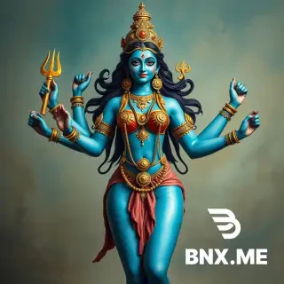 hindu goddess durga blue skin six arms holding hindu ornaments in small tight bikini