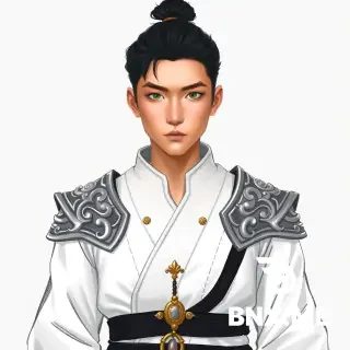 A young East Asian man, appearing to be in his early twenties, stands centered in the frame, facing the viewer directly with a neutral expression. He has dark, neatly pulled-back hair styled in a top knot and striking green eyes. He is depicted in a digitally painted, fantasy art style with a rough, sketched outline. His attire consists of an ornate white robe with a high, wide collar adorned with gold accents, and intricate silver shoulder armor that mimics flowing fabric. A black sash with a decorative golden clasp cinches his waist, from which hangs a decorative pendant and what appears to be a sheath. His build is slender. The lighting is soft and even, with a subtle highlight on his face and clothing. The background is a plain, light gray, emphasizing the subject and the detailed costume design. The perspective is a medium shot, focusing on his upper body and head. The overall atmosphere is elegant and regal, with a touch of mystery.