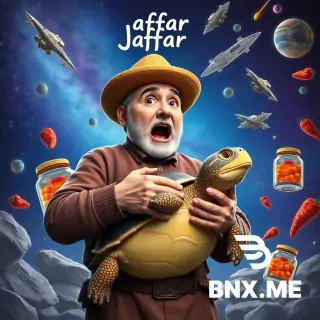 3D illustration of a Dagestan man wearing a hat hugging a turtle at his crotch, his mouth open in surprise, with galaxies and space ships in the background, as well as glass jars of turtle preserves and Dargin peppers flying in space. Superrealism. 4K. Above the man is the inscription Jaffar.