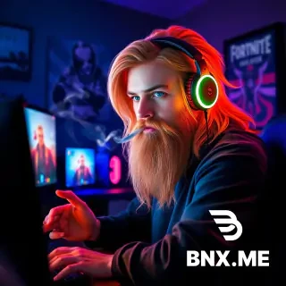 create an image of a guy playing fortnite of the PC. This guy is smoking, have a long bright hair, headset, long beard, blue eyes. the room is dark with RGB lights around it. some art on the wall.