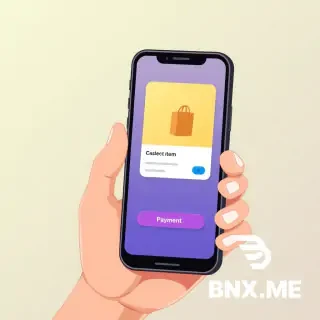 A black phone being held by hand. The phone screen display an item being selected and there is a payment button at the bottom. Art style is 2D cartoon