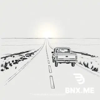 Arrival — “A man returns to the world.”  clean storyboard line drawing, 2.39:1 landscape, neutral silhouettes, man driving an old pickup truck along an endless Kansas road under low dusk sun, wide horizon, solitary mood, grey tone wash, caption: “A man returns to the world”