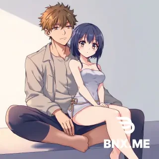 An exposed body anime girl sitting on a dude’s lap, both looking at the camera, positioned to the camera