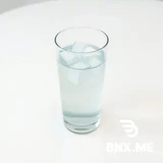 A clear glass of water on a white table. The glass is half full. Ice cubes inside. No straw. No lemon. No coaster. No shadow under the glass. No reflections on the table. No background objects. Pure white background only. Photorealistic.