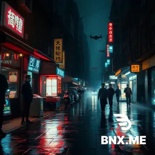 Cyberpunk rainy street at night, neon reflections on wet asphalt, street vendors with hologram menus, people wearing tech-augmented masks, steam rising from vents, drones scanning the street, heavy atmosphere, cinematic lighting, ultra-detailed, gritty dystopian mood.