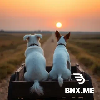 Photorealistic rear view of white Maltese and white Jack Russell with brown ears sitting on wooden cart moving away down dirt road toward sunset, 1880s rural Minnesota prairie. Golden light. No humans, realistic dogs.