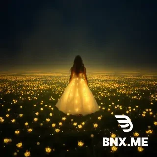 A beautiful full-length girl standing in the middle of a night field of tiny luminous creatures in a dress of very long luminous patches, fog, glow, storm effect, intricate