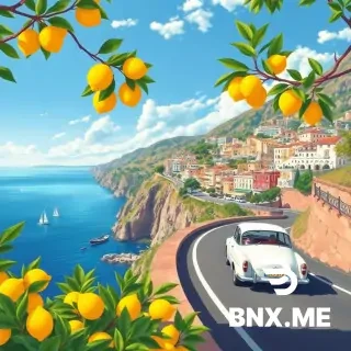 Modern pencil illustration of Vintage travel poster illustration of the Amalfi Coast, Italy, panoramic coastal cliff road scene, classic 1960s white car driving along a curved seaside road, deep blue Mediterranean sea with small sailboats, colorful pastel hillside village, bright blue sky with soft clouds, lemon tree branches with vibrant yellow lemons framing the foreground, warm summer sunlight, bold vibrant colors, retro 1950s travel poster style, cinematic composition, high detail, screen print texture, graphic illustration. Hand-drawn style, illustration with loose strokes and defined contours. High-contrast color palette, maintaining chromatic harmony between background and elements. Contemporary and decorative aesthetic.