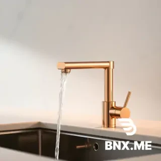 Rose gold piano key kitchen faucet, luxury design, waterfall flow, quartz countertop background, soft warm lighting, minimalist style, no text, elegant kitchen fixture, high-end product photography --ar 16:9