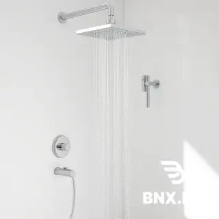 White piano key shower set with rainfall shower head, thermostatic valve, clean minimalist composition, soft natural lighting, marble wall background, no text or watermarks, luxury bathroom design, photorealistic, high detail --ar 2:3