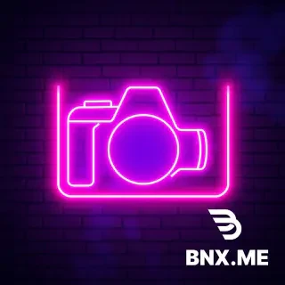 Neon sign logo for a photographer. The silhouette of a camera body or lens shape drawn in glowing magenta and cyan neon tubing. Realistic light bloom and haze effect on a dark charcoal brick wall background. Cyberpunk edge, music venue vibe, high resolution, ultra detailed --ar 2:1