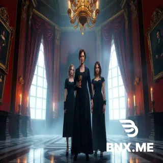 Use the uploaded image as t Preserve the original composition, camera angle, poses, and character placement while transforming the scene into an authentic Resident Evil Village atmosphere.  Replace the characters with the official in-game appearances of Lady Dimitrescu and her three daughters: Bela Dimitrescu, Cassandra Dimitrescu, and Daniela Dimitrescu. Their faces, hairstyles, makeup, expressions, clothing, proportions, and details should closely match their original Resident Evil Village designs.  Lady Dimitrescu stands confidently in the center, tall and dominant, holding her elegant cigarette holder and a golden wine goblet. The three daughters stand around her in intimidating symmetrical poses. All four characters must remain standing.  Set the scene inside Castle Dimitrescu's grand hall with towering Gothic architecture, luxurious crimson velvet curtains, massive chandeliers, antique paintings, gold decorations, marble floors, tall arched windows, candlelight, and thick atmospheric fog.  Make the atmosphere significantly darker and more terrifying while preserving the elegant gothic style.  Add horror elements:  Deep shadows covering most of the room.  Cold blue moonlight entering through the windows.  Warm flickering candlelight creating dramatic contrast.  Thick volumetric fog across the floor.  Countless black insects surrounding the daughters.  Swarms of flies emerging from beneath their dresses.  Floating dust particles.  Torn curtains moving slightly.  Cracked walls.  Broken mirrors.  Blood stains on the marble floor.  Fresh claw marks on pillars.  Dark dried blood trails.  Broken wine glasses scattered around.  Long unnatural shadows.  Faint supernatural aura around the daughters.  Subtle mist surrounding Lady Dimitrescu.  Sinister glowing eyes.  Pale vampire skin.  Predatory expressions.  Elegant but terrifying smiles.   Lady Dimitrescu should appear regal, elegant, dominant, intimidating, and terrifying.  The daughters should look supernatural, graceful, predatory, and haunting, exactly like their Resident Evil Village versions.  The image should feel like an official AAA promotional artwork from Resident Evil Village, not cosplay, not fan art.  Vertical smartphone wallpaper (9:16).  Ultra photorealistic. Extremely detailed. 8K resolution. Cinematic lighting. HDR. Ray tracing. Unreal Engine 5 quality. Dark fantasy. Gothic horror masterpiece. Volumetric lighting. Film quality. Sharp focus. Hyper realistic skin. Highly detailed fabrics. Official promotional art quality.