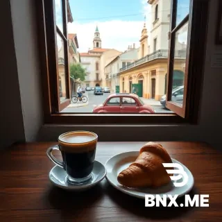 Imagen horizontal en formato paisaje 16:9. En primer plano, sobre una mesa de madera gastada, se ve a la izquierda una taza de café cubano negro con espuma cremosa y un croissant francés partido sobre un plato pequeño. Al centro de la mesa hay una servilleta de tela blanca con lunares rojos y azules. Al fondo, a través de una ventana abierta, se aprecia una calle típica de La Habana con un coche clásico color pastel y una cúpula de iglesia colonial. En la pared interior, junto a la ventana, cuelgan una pequeña postal de la Torre Eiffel y un abanico cubano de colores vivos. La luz es cálida, de tarde caribeña, con sombras suaves. Estilo fotográfico realista con texturas visibles en el croissant, la espuma del café y la madera. Los colores predominantes son ocres, amarillos y marrones, con acentos en rojo, azul y blanco. La escena transmite fusión cotidiana y armónica entre lo francés y lo cubano. No hay personas. El enfoque es nítido en los objetos del primer plano y el fondo aparece ligeramente desenfocado con efecto bokeh.