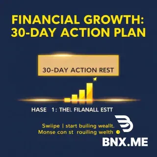 An Instagram carousel cover slide in a sleek, professional aesthetic with a deep midnight blue background and gold glowing accents. Massive, bold text at the top: 'FINANCIAL GROWTH: 30-DAY ACTION PLAN'. Beneath it, a secondary, clean box reads: 'PHASE 1: THE FINANCIAL RESET'. In the foreground, a stylized vector illustration of a growing graph bar transforming into a gold coin. At the very bottom, a gold arrow pointing right with the text: 'Swipe to start building wealth ➔'. High-contrast, clean, and authoritative money-growth aesthetic."