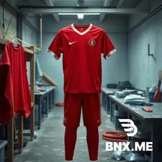Realistic Pakistani football apparel factory photo.  Full RED FOOTBALL JERSEY AND PANTS fully visible top-down.  Same workshop environment with measuring tape, scissors and chalk visible around edges.  Natural workshop daylight with realistic shadows.  Authentic athletic fabric texture and seam details.  Only fictional randomly generated logo on jersey. No real company logos allowed.  No faces visible.  No cinematic effects, no CGI.
