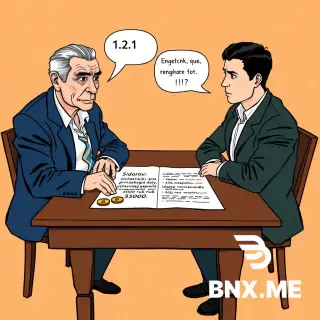 Colorful european comic book style, ligne claire, clear black ink outlines, flat colors, no shading, no gradients. Two men sitting at a wooden brown table facing each other. Left: elderly Sidorov (74 years old, thin face, deep wrinkles, gray hair combed back, tired eyes, dark blue jacket, white shirt). Right: young Petrov (24 years old, short dark hair, sharp jawline, serious cold expression, dark green jacket, white shirt). On the table between them: a large open contract with visible text "1.2. Uchastniku 1 prinadlezhit dolja 30% ustavnogo kapitala nominalnaja stoimost 3000 rub. Uchastniku 2 — dolja 10% nominalnaja stoimost 1000 rub." Next to the contract, two small piles of gold coins: three coins labeled "3000" and one coin labeled "1000". Above each man's head: an empty white speech bubble with thick black outline, completely empty inside, no text. No other people. Background pale orange. Flat colors, black ink.