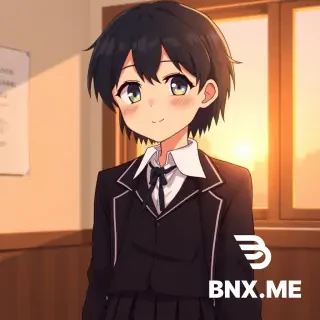 Androgynous anime boy with soft delicate face and short dark hair, wearing a stylish Japanese school uniform with a dark pleated skirt, slightly unbuttoned white shirt, loose ribbon tie, blazer slipping slightly off one shoulder. Gentle confident smile, expressive eyes, soft blush. Standing near classroom window with warm sunset light. Slightly playful and charming atmosphere, high quality anime illustration, detailed, clean lineart, vibrant colors.