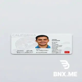 A highly detailed California national ID card positioned on a smooth, light grey background, ultra-realistic 16:9 close-up scan. The card is horizontally aligned and centered in the frame, captured in sharp focus with soft, diffused studio lighting that enhances the card's features without creating harsh shadows.  The design showcases a modern government-issued ID layout, prominently displaying the state seal and the words "CALIFORNIA – DRIVER’S LICENSE" at the top. The card features a passport-style photograph of a young man: short black hair, clean-shaven, medium complexion, wearing a casual blue shirt, with a friendly smile and direct gaze.  Personal details section includes: – Surname: SMITH – Given names: JAMES ALEXANDER – ID number: A1234567 – Date of birth: 10 JAN 1990 – Issue date: 15 FEB 2024 – Expiry date: 15 FEB 2034 – Address: 1234 Elm Street, Los Angeles, CA  The background design incorporates intricate security features such as microprinting, holographic elements, and a subtle gradient of blue and gold. A holographic bear emblem is featured on the right side, reflecting light in various colors.  Additional elements: – California state emblem in the top-right corner – Embedded hologram with security features – Fine-line patterns across the surface – Signature at the bottom right (“James A. Smith”)  Lighting is even and soft, highlighting the card’s laminated texture and security details, with no hands visible. The composition is clean, minimal, and professional, conveying a photorealistic level of detail in 8K quality.
