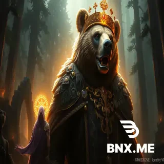 Identity V artstyle, dark fantasy, epic, a majestic bear wearing ornate divine robes and a golden crown, surrounded by golden light, a shadowy assassin bear in purple cloak, a steampunk sun gear, forest ruins, cinematic lighting, 8k, game poster