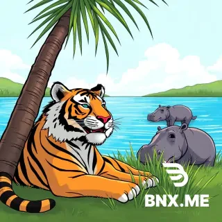 Smiling tiger lies under the palm near a blue lake. The tiger looks at two hippos eat grass