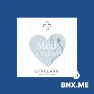A very elegant and minimalist medical poster design. White and deep blue color scheme. At the top center, a small decorative medical cross or logo. Below it, the word "Med" in a modern serif font. Under that, "University" in a clean sans-serif font. The background features a soft, faded, artistic silhouette of a human heart and stethoscope. At the bottom, there is a subtle decorative line and the text "ENNGLAND" and a small web address. The overall style is luxury, clean, high-end, suitable for a prestigious medical university poster. 4k resolution, sharp focus, professional typography.
