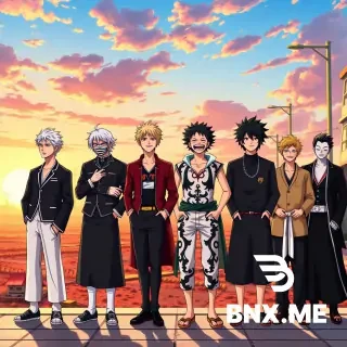 Aizen (Bleach), Gojo (Jujutsu Kaisen), Inosuke (Demon Slayer), Light Yagami (Death Note), Zoro (One Piece), Noel Silva (Black Clover), Obito, and Madara (Naruto) — standing side by side in a single straight line, all laughing together uncontrollably. Each character has their unique traits: Aizen with his mysterious smirk, Gojo with his blindfold slightly tilted and white hair messy, Inosuke wearing his boar mask but laughing loudly from the chest, Light with a mischievous schoolboy grin, Zoro with a rare warm smile, Noel with elegant posture but laughing eyes, Obito and Madara standing shoulder to shoulder with ironic, bittersweet laughter. The background is a surreal sunset battlefield mixed with a modern city street, symbolizing peace after conflict. The atmosphere is warm, joyful, and epic. Art style: vibrant anime illustration, cinematic lighting, high detail, colorful, group portrait, dynamic expressions, studio-quality render.with there real faces and masks lfully deatailed