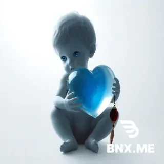 Niño pequeño, fantasmagórico, blanco inmaculado sobre lienzo blanco limpio no se ve ninguna marca de lapicero. Sostiene un globo cristal trasparente muy grande con forma de corazón. Sus ojos son de un azul profundo cristal o marrón oscuro, vivos, que miran más allá del lienzo. Lleva un juguete roto, descosido, con un leve destello de color (rojo o amarillo). Su postura es encogida, como si esperara algo que nunca llega. Sutileza extrema, silencio magnético, ternura rota