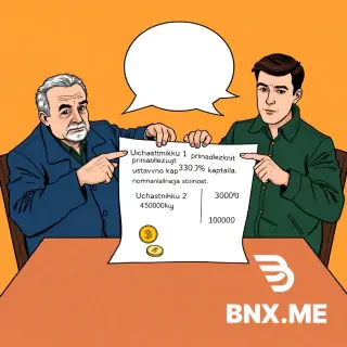 Colorful european comic book style, ligne claire, clear black ink outlines, flat colors. Two men sitting at a wooden brown table: elderly Sidorov (dark blue jacket, gray hair, wrinkles) on left, young Petrov (dark green jacket, short dark hair) on right. They point at a large paper showing: "Uchastniku 1 prinadlezhit dolja 30% ustavnogo kapitala nominalnaja stoimost 3000 rub. Uchastniku 2 - 10% nominalnaja stoimost 1000 rub." Next to text, two coin piles: three gold coins labeled "3000", one gold coin labeled "1000". Empty white speech bubbles above both heads, completely empty. Background pale orange.