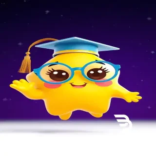 "3D animated cute golden star character Lumi with oversized round baby-blue glasses slightly crooked on face, tiny tilted graduation cap with dangling gold tassel, big round brown eyes with long eyelashes and shiny catchlights, rosy pink cheeks, small heart-shaped smile, short chubby arms with rounded tiny fingers, stubby legs with tiny toes, floating in from left of deep purple night sky with twinkling stars, waving at camera, happy spin, giggling expression, Pixar/Illumination animation style, soft volumetric rim lighting, vibrant preschool colors, glossy textures, high detail, 8k resolution, bright cheerful expression, vertical 9:16, white background with soft drop shadow for PNG transparency."