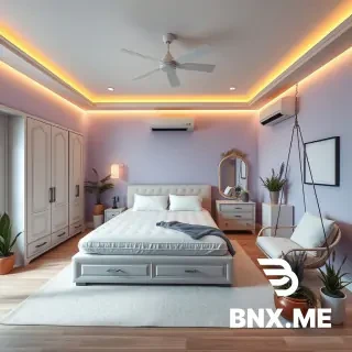"Photorealistic wide-angle interior photograph of a luxurious master bedroom. Soft lavender and soft blue walls, off-white ceiling. A large king-size bed with plush white mattress and pillows in the center. On the left wall: a tall free-standing wardrobe looking like a built-in wall wardrobe, push-to-open doors, no visible handles, warm LED strip glowing on top. Next to the wardrobe: an elegant dressing table with a large mirror, surrounded by warm vanity lights, small drawers below. In the right corner: a hanging swing chair (hanging from ceiling) with soft cushions. On the front wall: a home theater projector mounted, projecting onto a blank wall. On both sides of the bed: small bedside tables with snake plant, aloe vera, and fresh lavender flowers in ceramic pots. Near the window: a small indoor garden corner with more green plants, snake plant, aloe vera, and lavender in beautiful pots. A 1-ton split AC on the wall. A smart LED ceiling light glowing softly. A charging ceiling fan in the center. Warm cozy spa-like relaxing atmosphere, natural window light, shot on Canon EOS R5, 24mm wide angle lens, f/8 aperture, ultra-realistic, 8K, high detail, architectural photography style"