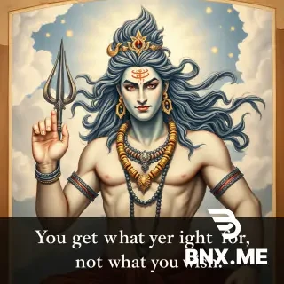 Fierce Lord Shiva depicted in a Renaissance-style fresco painting, powerful sculptural anatomy, intense divine expression, flowing hair and sacred ornaments, celestial background with soft clouds and divine light, dramatic chiaroscuro, pastel color palette of soft blues, violets, ash tones, and warm creams. The quote “You get what you fight for, not what you wish” subtly integrated in elegant classical lettering, fine art, high detail, spiritual intensity.