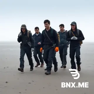 A group of six workers, dressed in dark, worn clothing and carrying tools and backpacks, are seen slowly walking on a desolate, fog-covered beach.