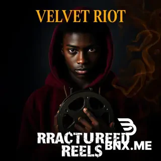 "Cinematic poster. A striking black teenager with dark skin, intense eyes, dramatic shadow on face, wearing a velvet burgundy hoodie. Standing in dim room with gold rim light. Holding a vintage film reel. Deep charcoal background. Gold smoke swirls. Moody, aesthetic, emotional. Text 'VELVET RIOT' in elegant gold serif font at top. Text 'FRACTURED REELS' in rough white grunge font underneath. 16:9 ratio. High detail, cinematic lighting, film grain." With no bnx me
