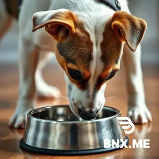 A highly realistic, photographic close-up of a purebred Jack Russell Terrier looking down at a silver metal dog bowl. The dog has a wedge-shaped head, folded V-shaped button ears, and a coat with a white body anddark brown patches over the eyes. Short, sturdy, athletic legs. Smooth-coated. Photorealistic lighting, shallow depth of field, wooden floor, 8k