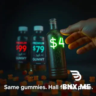 1:1 square composition, dramatic product photography. Dark moody background with subtle gradient from charcoal to deep navy. Center frame: two premium gummy bottles on the left, slightly out of focus, with blurred price tags reading "$89" and "$79" in red – they look cold, corporate, distant. Right frame: one gummy bottle in sharp focus, angled slightly toward camera, with a glowing neon green price tag "$49" – the bottle has condensation, looks fresh, warm lighting hits it. A single hand reaches toward the $49 bottle from the edge of frame, fingers spread, grabbing motion. Scattered gummy bears in the foreground, some blurred. Color palette: dark teal, neon green, warm amber, deep black. Cinematic lighting, shallow depth of field. Photorealistic, 8k, commercial grade.  Text overlay embedded in image: - "$49" in massive bold neon green font, bottom right corner, size 120pt, glowing effect, sans-serif - "Same gummies. Half the price." in clean white sans-serif, bottom left corner, size 28pt, subtle drop shadow - Text occupies ~20% of total image area, placed at edges to not obstruct product - No other text. Clean. Aggressive. Direct.  Priorité visuelle : Le produit reçoit 75 à 80 % de l’attention visuelle. Le flacon occupe environ 65 à 75 % de la hauteur. Le flacon entier reste visible, du bouchon jusqu’à la base. L’étiquette est orientée presque directement vers la caméra. L’étiquette est l’élément le plus net. Aucun objet secondaire ne doit paraître plus grand que le produit. Le décor sert uniquement à expliquer l’angle publicitaire.