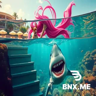 A crazy beautiful Chihuahua with its tongue hanging out sits on the shoulder of a fancy, equally crazy little girl with long pink hair blowing upward like a flag in the wind. The girl is carefully walking down a staircase of five steps leading to the sea. Underwater, clearly visible through the water surface, a grinning great white shark is waiting for her. The shark holds a fork in one fin and a knife in the other fin, and a white napkin is tied around its neck like a bib. The scene is split in half by the waterline: above water — a sunny summer resort with green plants, beach umbrellas, and a sandy shore; below water — a rich, colorful underwater world with coral, fish, and light rays. The shark is fully visible, sharp, not hidden. Absurd, grotesque, cinematic, digital art, vibrant colors, high detail.