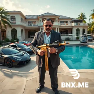 A Mexican mafioso stands in front of a luxurious villa with a swimming pool, holding a gold-plated machine gun in his hands. Supercars and luxury cars are parked next to the villa, as well as a private helicopter. Make it as luxurious as possible. Superrealism. 4K