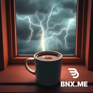 A 3D render of a coffee mug placed on a window sill during a stormy day. The storm outside the window is reflected in the coffee, with miniature lightning bolts and turbulent waves seen inside the mug. The room is dimly lit, adding to the dramatic atmosphere.