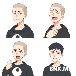 Anime style, moderate, not exaggerated. A 20-year-old young man with a buzz cut (almost bald, very short dark hair, scalp visible). Wearing a black hoodie with a simple white print (e.g. a moon or geometric shape). White background.  The image is divided into 4 equal parts by thin black lines (2x2 grid). Same character from chest up in each part, but different emotions and hand poses:  Top left: calm expression with a gentle smile, relaxed eyes, arms crossed on chest. Top right: laughing hard (wide open mouth, squinted eyes), one hand on stomach, other hand raised in a "stop" gesture. Bottom left: angry (furrowed brows, tight lips), clenched fists raised in front of chest. Bottom right: upset (downturned mouth, sad eyes), arms hanging loosely, shoulders slightly slouched.  Clean lineart, flat cell shading, plain white background, no shadows, no text. 4-in-1 composite image.