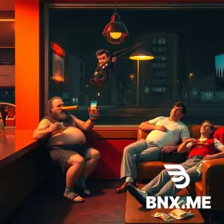 Edward Hopper "Nighthawks" parody scene, night diner interior with large glass window, warm electric orange light spilling onto empty dark street, but instead of regular customers:  - Hobit (fat hairy barefoot man in chainmail with beer belly hanging out, holding kebab in one hand and beer mug in other, wearing Birkenstock sandals over grey socks) sitting at counter. - Pinocchio standing next to him taking selfie with long selfie stick, his wooden nose extended so far it pokes into the smartphone camera lens, glowing screen reflection on his face. - Tarzan swinging on a black necktie instead of vine between two office buildings visible through window, briefcase in one hand, colleagues staring from windows. - Alice in Wonderland with thick mustache and dressed like cheap prostitute, fishnet stockings, tiny top, leaning against counter. - Superman lying on a worn couch in grey sweatpants and white t-shirt, underwear worn over sweatpants, red cape thrown over a desk lamp, belly spilling under shirt, holding TV remote, empty chip bags around him. - Cinderella sitting on prince's lap but looking disgusted, prince wearing Crocs, Cinderella shyly smiling. - Sherlock Holmes holding huge smartphone like a magnifying glass, Google Maps arrow on screen pointing exactly at his feet, Watson behind him rolling eyes. - Asterix holding red Red Bull can instead of magic potion, Obelix next to him with Monster can, both have tiny wings glued to cans. - Winnie the Pooh hugging tenth honey pot, half filled with rum, Eeyore next to him holding a glass with bored expression. - Old man from Old Man and the Sea sitting in small boat placed inside diner, sea calm, no fish, bottle of rum in front. - Paddington Bear sitting alone at night table, empty marmalade jar, small whisky glass beside, lost blank stare. - Giant Moby Dick whale squeezed through diner door, blood pouring from mouth because hooked on large fishing hook. - Soldier Švejk with beer and a bong next to him. - Winnetou with pink headband instead of feather. - Little Prince standing on his tiny planet drawn on floor, neglected rose bush, black flat-top punk haircut. - Giant sandworm from Dune emerging from sand – but it's just a children's sandbox in corner of diner, kids with shovels and buckets around it.  All figures in sharp Hopper style, cinematic lighting, deep shadows, cool blue night exterior through windows, warm amber interior, retro 1940s diner decor, neon sign outside, realistic oil painting texture, highly detailed, moody atmosphere, absurdist humor.
