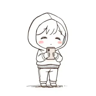 Minimalist hand-drawn doodle chibi character in the authentic art style of the indie game LoveChoice (拣爱), thick crayon and felt-tip marker sketch outlines, cute vertical pill eyes (| |), soft pink cheek blush, wearing a simple light blue hoodie and grey pants. The cute character is standing and holding a small smartphone with both hands, looking down thoughtfully with a quiet longing expression. Pure solid white background, abundant negative space, clean silhouette, cute and heartwarming, absolutely NO red hearts, NO background rooms, NO furniture, single centered character --ar 1:1 --stylize 50 --v 6.1