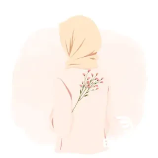 A minimalist digital illustration in soft pastel colors showing a figure in profile view from behind, wearing a beige hijab and a light pink long-sleeved top. The figure is holding a bouquet of small pink flowers with delicate stems, which they are smelling. The background features a watercolor-style wash in muted pink and beige tones. The illustration has a gentle, ethereal quality with soft edges and a dreamy atmosphere. The flowers are rendered in a simple, stylized manner with small leaf details. The overall composition is set against a white background with the watercolor effect creating a subtle vignette effect around the edges.