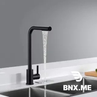 Black matte piano key kitchen faucet with waterfall spout, pull-down sprayer, LED temperature display, stainless steel sink, modern kitchen countertop, minimalist composition, no text, professional product shot, sleek design --ar 16:9