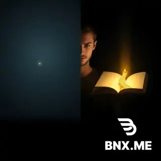 Masterpiece cinematic dual-scene composition, vertical 4:5 aspect ratio.  Left half: A single tiny glowing spark or key floating alone in a vast dark space, barely illuminating a small circle around it, cold dim blue-grey surroundings, lonely insignificant feeling, minimal atmosphere.  Right half: The same young man holding a beautifully designed open book, its pages radiating warm golden light, revealing inside a miniature glowing staircase climbing upward into a bright infinite horizon, the book's cover elegant and premium, warm terracotta and gold tones, inspiring majestic atmosphere.  The two scenes are seamlessly blended with a soft gradient transition in the center. High contrast, photorealistic, editorial photography style, ArtStation trending.  Critical: Lower 30% of entire frame is a clean dark gradient overlay (deep charcoal fading to transparent) for clear text placement. No text in the image itself.