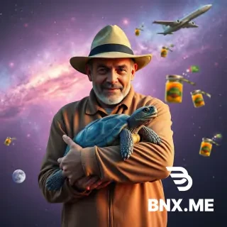 A Dagestan man wearing a hat hugs a turtle at chest level, with galaxies and space ships in the background. Also in the background, glass jars of canned turtles and Dargin peppers fly through space. Superrealism. 4K.